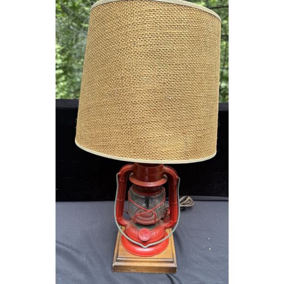 DIETZ Ranch Craft Railroad Lantern Table Lamp With Burlap Shade Works! - Picture 1 of 12